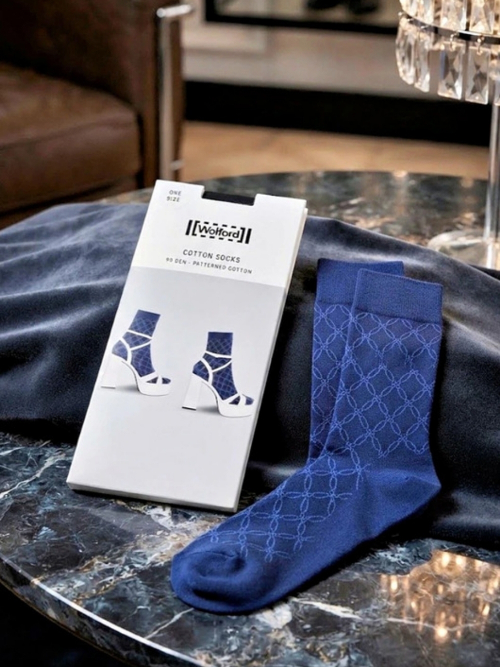 ​Wolford Austria Super Luxury Blue Patterned Cotton Socks One Size NIB